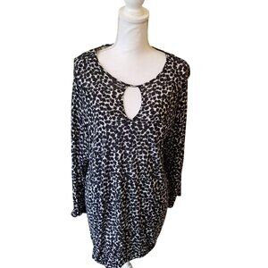 Michael Michael Kors Womens Black & White Leopard Print Long Sleeve Keyhole Blou